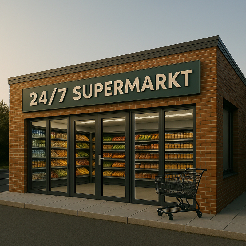 24/7 Supermarkt mit Self-Checkout, im Hintergrund Regale mit Lebensmitteln