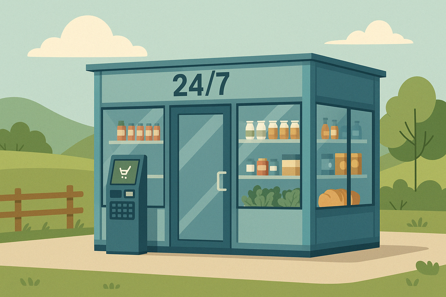Comichafte Zeichnung einer Dorfladenbox Container mit 24/7 Öffnungszeiten