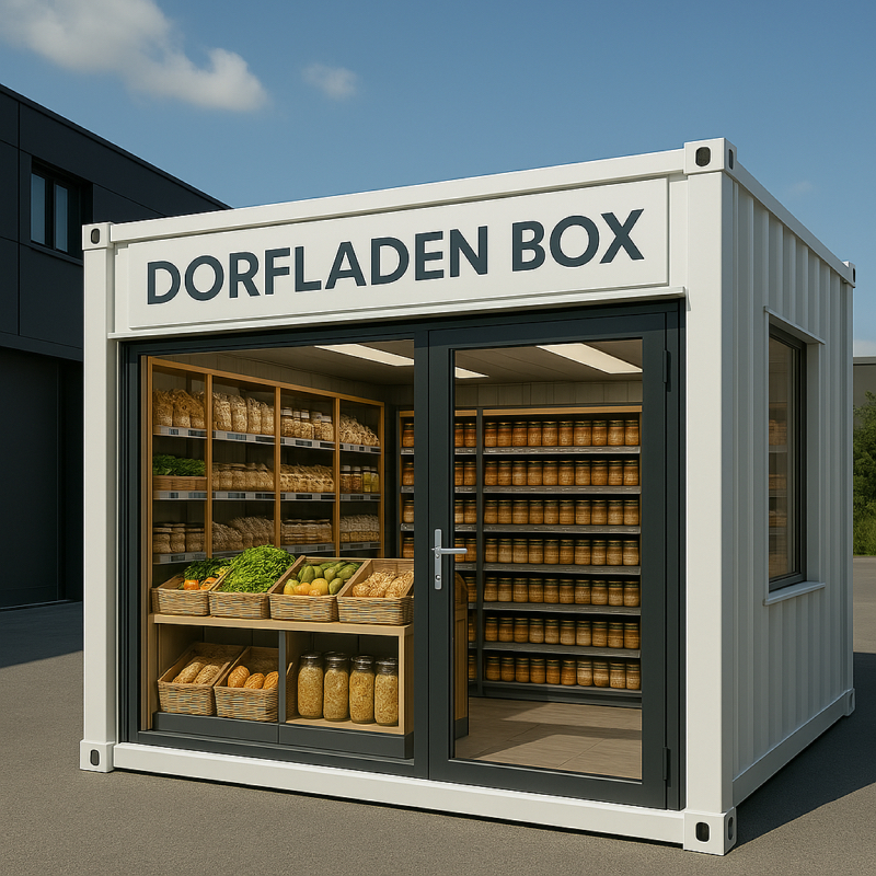 Dorfladenbox als Smart Store mit Self-Checkout, im Hintergrund Regale mit Lebensmitteln