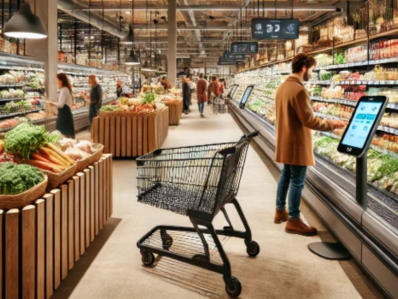 Kunde kauft in einem SB-Dorfladen mit Self-Checkout, Regale mit regionalen Produkten im Hintergrund.