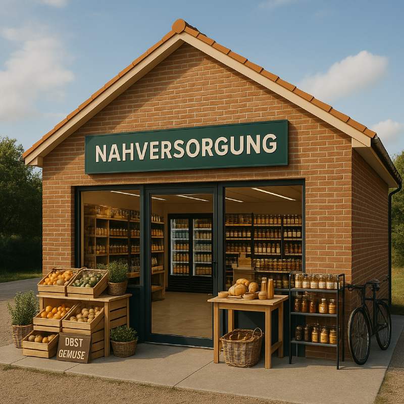 Smart Store Dorfladen in einem Dorf, im Hintergrund Regale mit regionalen Produkten und Schild „Nahversorgung