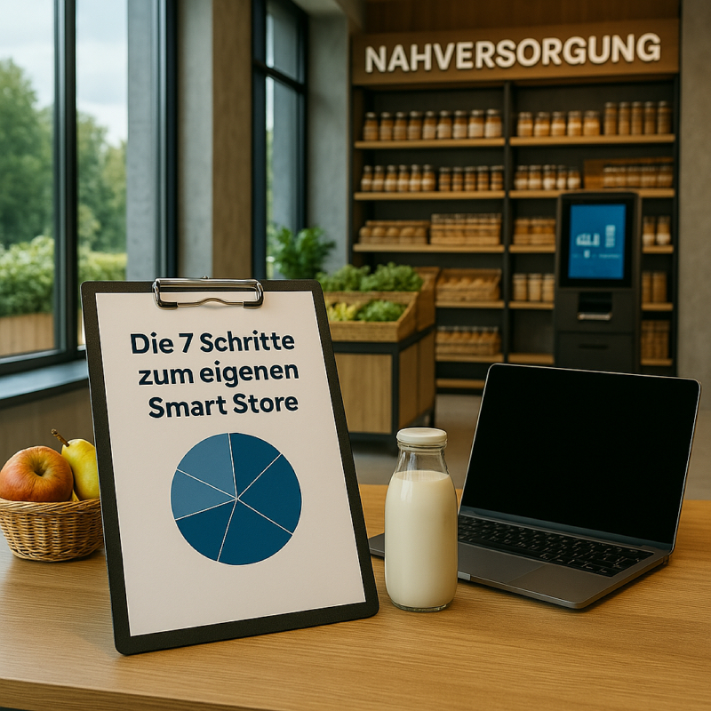 PDF-Dokument „Die 7 Schritte zum eigenen Smart Store“ auf einem Schreibtisch, daneben ein Laptop und regionale Produkte.