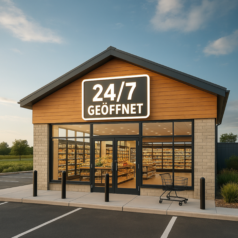 Self-Checkout in einem modernen SB-Dorfladen mit regionalen Produkten im Hintergrund