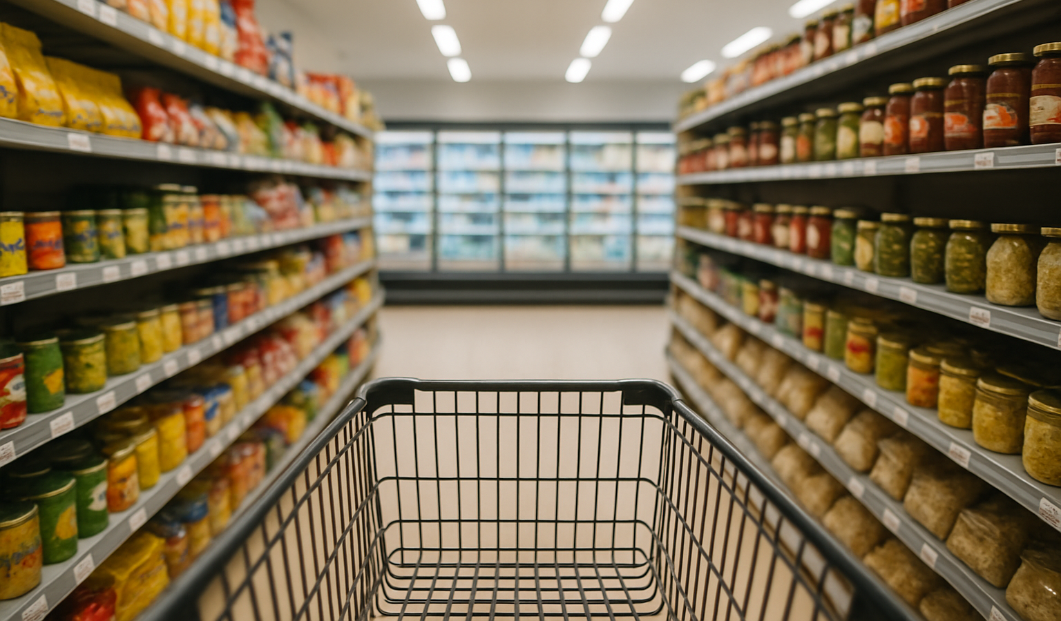 Self-Checkout in einem modernen SB-Dorfladen, im Hintergrund Regale mit regionalen Produkten