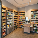 Moderner Supermarkt mit SB-Kasse, Holzregalen und Kühlvitrinen in einem gut sortierten Lebensmittelgeschäft.