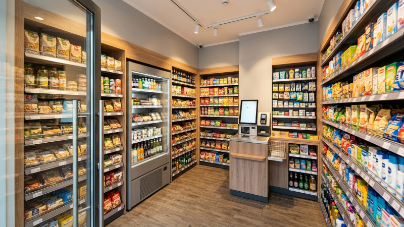 Moderner Supermarkt mit SB-Kasse, Holzregalen und Kühlvitrinen in einem gut sortierten Lebensmittelgeschäft.