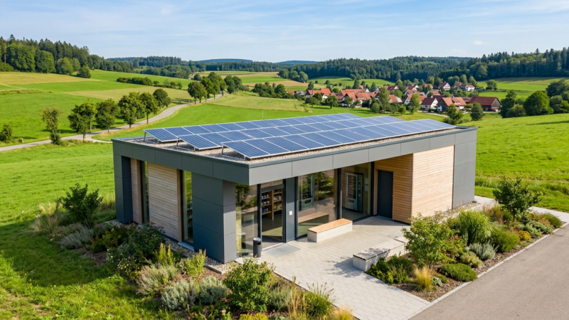 Moderner Smart Store auf dem Land mit Photovoltaikanlage für mehr Nachhaltigkeit und Energieeffizienz.