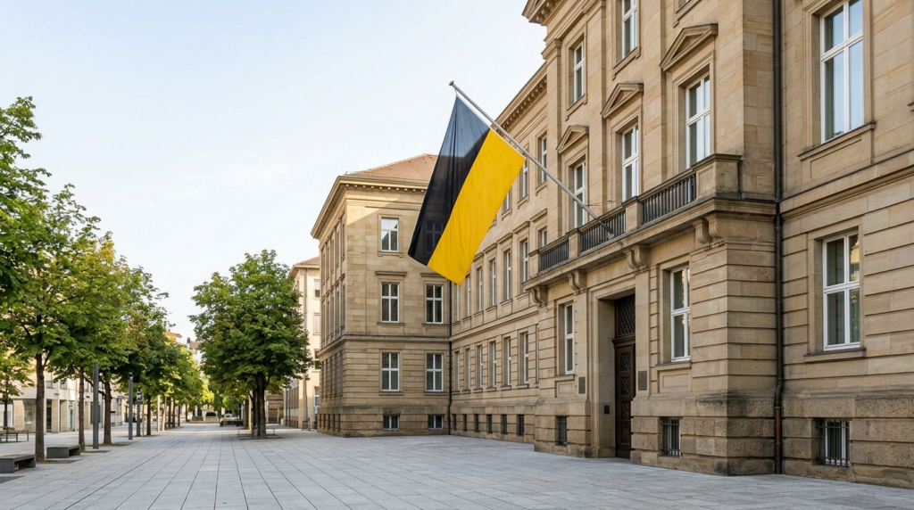 Regierungsgebäude in Baden-Württemberg mit Landesflagge