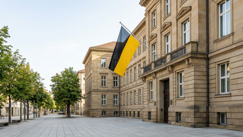 Ein historisches Regierungsgebäude in Baden-Württemberg mit schwarz-gelber Landesflagge steht für das neue Ladenöffnungsgesetz.