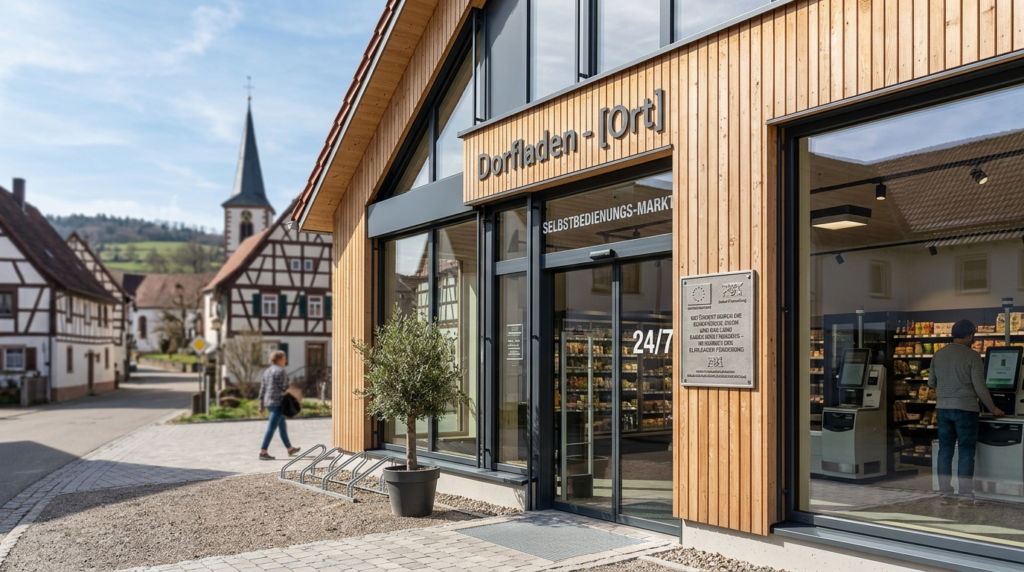 Moderner 24/7 Dorfladen mit Holzfassade: Ein Smart Store für die Nahversorgung ländlicher Raum. Moderner 24/7 Dorfladen mit Holzfassade: Ein Smart Store für die Nahversorgung ländlicher Raum.
