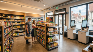 Kunden kaufen im modernen 24/7 SB-Supermarkt ein. Smart Store mit Self-Checkout für bequeme Nahversorgung.