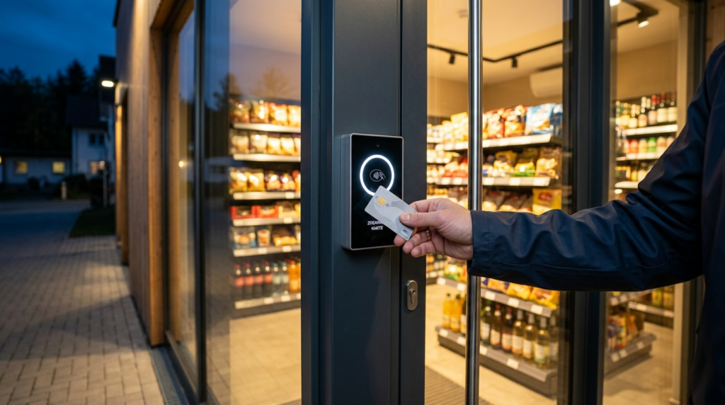 Kunde öffnet 24/7 Smart Store über ein digitales Zugangssystem mit Karte für den automatisierten Einzelhandel.