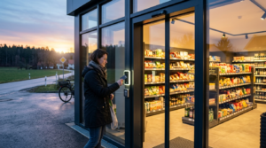 Kundin betritt per Karte einen modernen 24/7 Supermarkt mit kontaktlosem Bezahlen als Dorfladen.