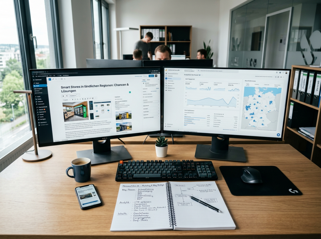 Desk Research am PC mit Monitoren für datenbasierte Standortanalyse und Smart Store Planung. Desk Research am PC mit Monitoren für datenbasierte Standortanalyse und Smart Store Planung.