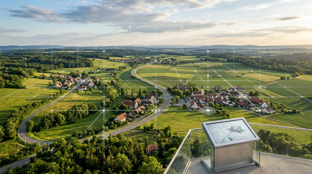 Raster über Landschaft zeigt datenbasierte Standortanalyse und geografische Potenzialermittlung für ländliche Nahversorgung. Raster über Landschaft zeigt datenbasierte Standortanalyse und geografische Potenzialermittlung für ländliche Nahversorgung.