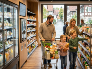 Ländliche Nahversorgung gesichert: Fröhliche Familie beim Einkaufen im modernen, hellen Dorfladen.