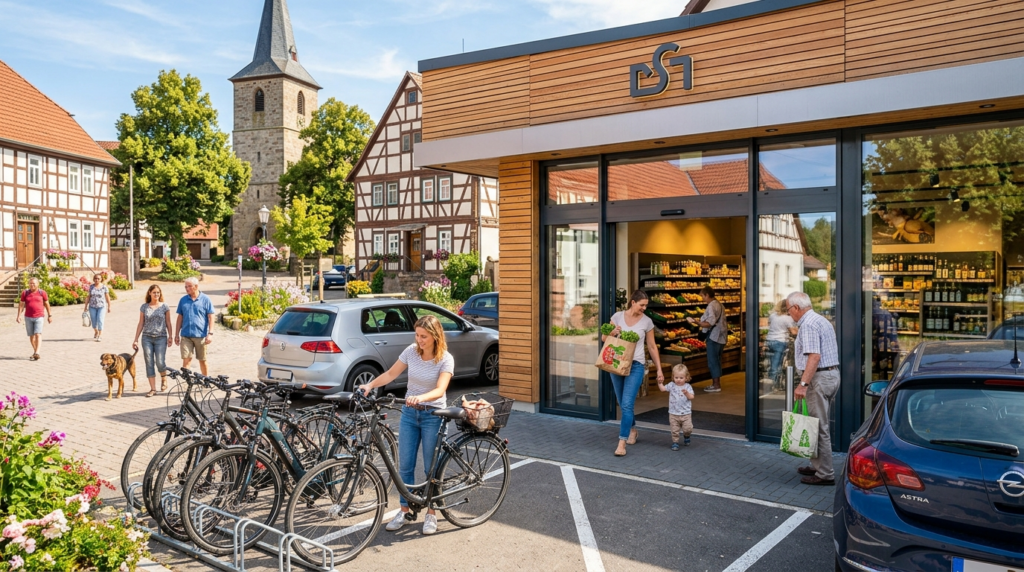 Moderner Dorfsupermarkt als 24/7 Dorfladen: Menschen beim Einkaufen im ländlichen Smart Store mit Fachwerkkulisse. Moderner Dorfsupermarkt als 24/7 Dorfladen: Menschen beim Einkaufen im ländlichen Smart Store mit Fachwerkkulisse.