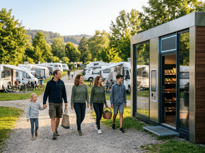 Familie läuft über den Campingplatz zu einem Glas-Smart-Store; Wohnmobile im Hintergrund.