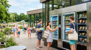 Junge Erwachsene nutzen einen Freizeit Smart Store als Freibad Getränkeautomat in einer belebten SB-Shop Freizeitanlage.