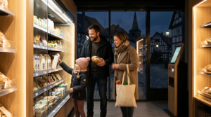 Familie kauft abends ein: Ein hybrider Dorfladen mit Self-Checkout-Technologie sichert die 24/7 Nahversorgung im Ort.