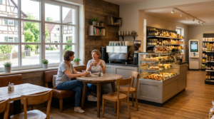 Zwei Frauen im Café. Ein hybrider Dorfladen bietet Self-Checkout und dient als sozialer Treffpunkt.