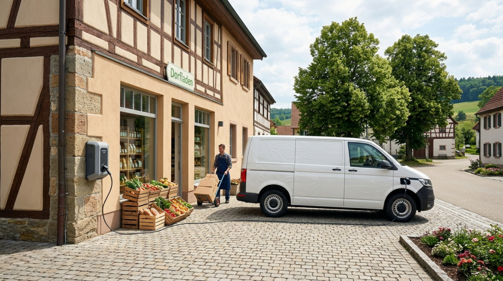 Ein Lieferant bringt Waren zum Dorfladen: Ein hybrider Dorfladen sichert die ländliche Nahversorgung. Ein Lieferant bringt Waren zum Dorfladen: Ein hybrider Dorfladen sichert die ländliche Nahversorgung.