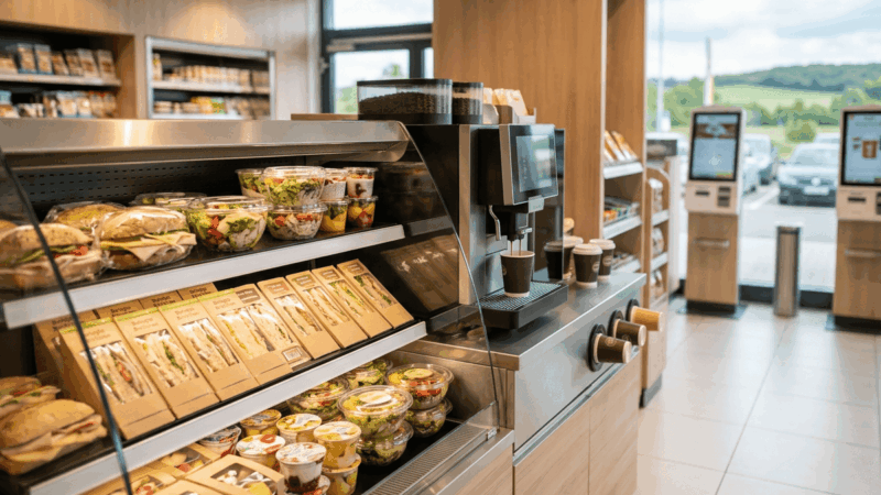 Hybrider Dorfladen: Self-Checkout am Kaffeeautomat Shop Moderner hybrider Dorfladen zeigt leckere Frischetheke, Self-Checkout Terminals und einen integrierten Kaffeeautomat Shop.