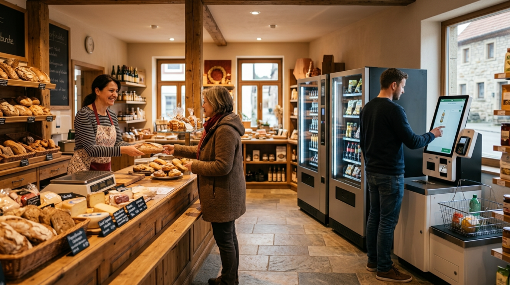 Ein hybrider Dorfladen kombiniert persönliche Bedienung mit Self-Checkout-Technik für ein modernes Smart Store Konzept. Ein hybrider Dorfladen kombiniert persönliche Bedienung mit Self-Checkout-Technik für ein modernes Smart Store Konzept.