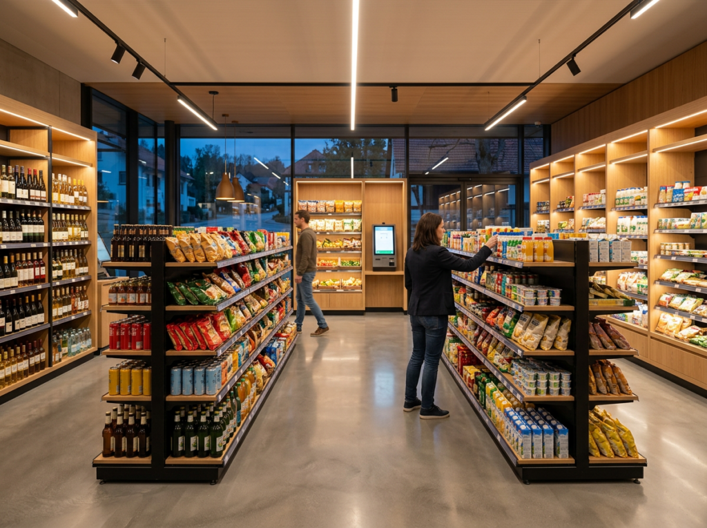 Kunden kaufen im Smart Store ein. Ein hybrider Dorfladen mit Self-Checkout für ländliche Nahversorgung.
