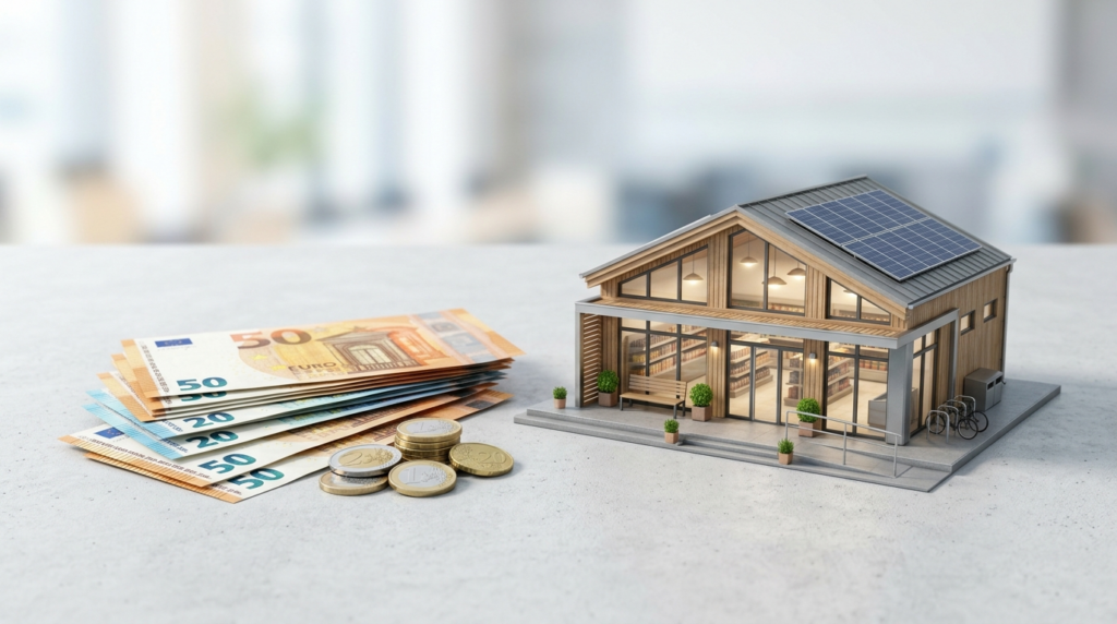 Euro und 3D-Modell zur Wirtschaftlichkeitsberechnung Smart Store und Kostenkalkulation autonomer Laden.