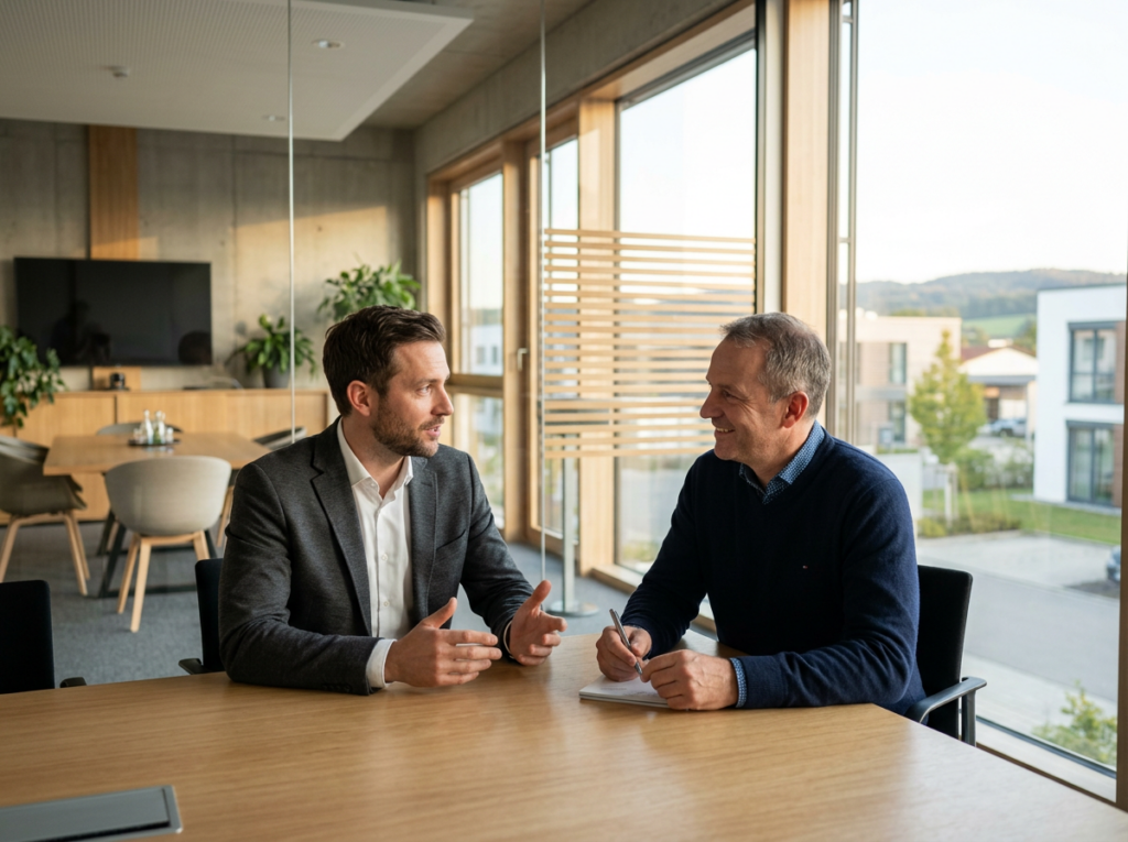 Zwei Männer führen eine professionelle Beratung für ein neues Smart Store Konzept im Büro durch.