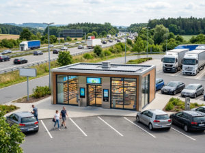 Moderne Raststätte mit Shop an der Autobahn, Parkplatz mit Autos und Lkws im Sommer.