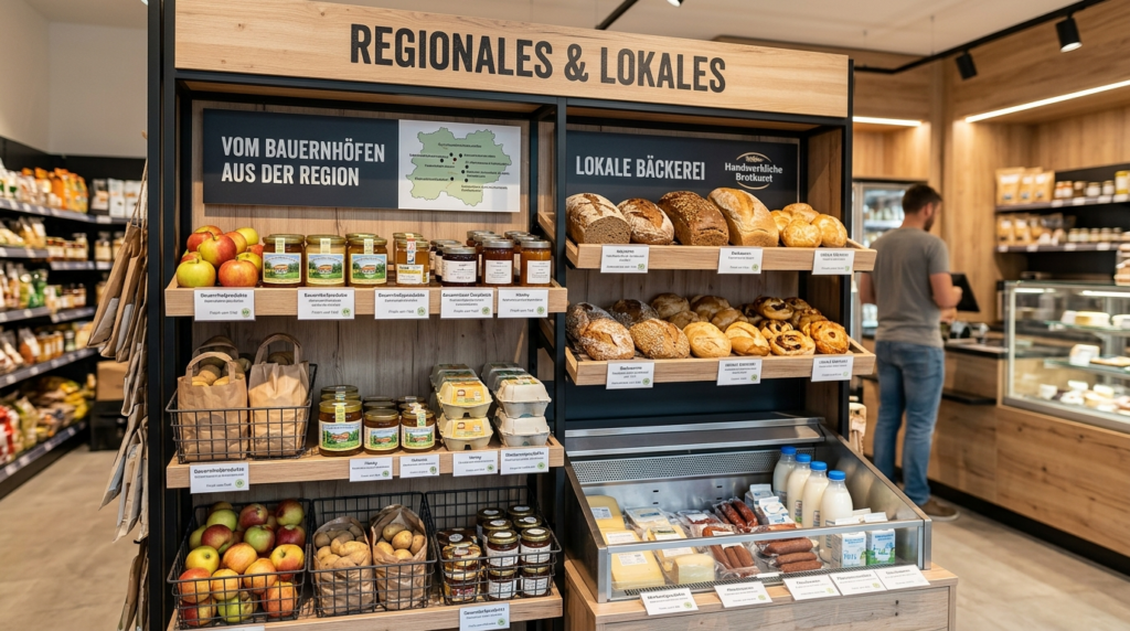 Regionale Produkte im Supermarktregal: Frisches Brot der lokale Bäckerei, Äpfel, Marmelade und Milch. Regionale Produkte im Supermarktregal: Frisches Brot der lokale Bäckerei, Äpfel, Marmelade und Milch.