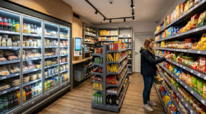 Kunden in einem modernen SB-Dorfladen mit großen Kühlvitrinen und Self-Checkout-Systeme für die 24/7 Nahversorgung.