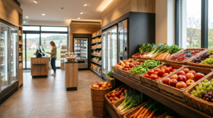 Ein SB-Dorfladen präsentiert Frisches Obst Gemüse, während eine Kundin das Self-Checkout Terminal bedient.