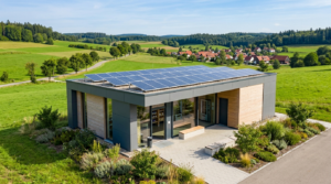 Moderner 24/7 Smart Store mit Solardach als automatisierter Supermarkt und SB-Dorfladen im Grünen.