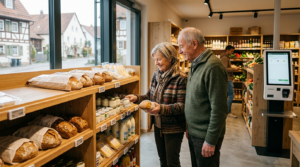 Älteres Paar kauft Brot im modernen SB-Hofladen mit Self-Checkout für lokale Direktvermarktung.
