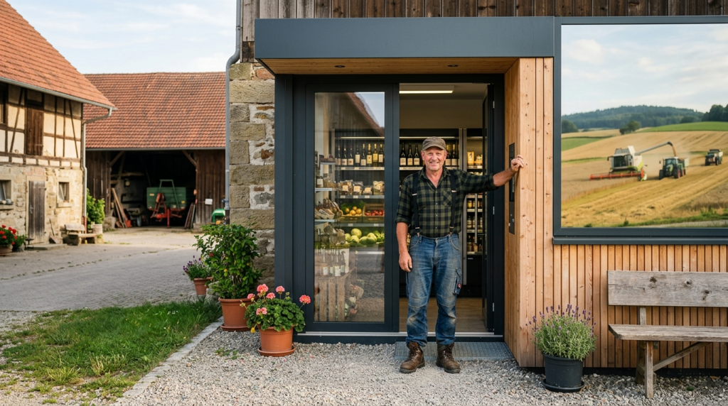 Landwirt steht vor modernem SB-Hofladen zur Direktvermarktung, der frische regionale Produkte anbietet.