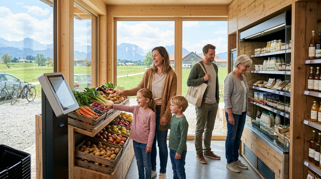 Familie im modernen SB-Hofladen: Frische regionale Produkte einkaufen per Self-Checkout Direktvermarktung.