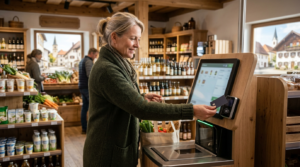 Kundin im SB-Hofladen nutzt Self-Checkout für kontaktloses Bezahlen regionaler Produkte.
