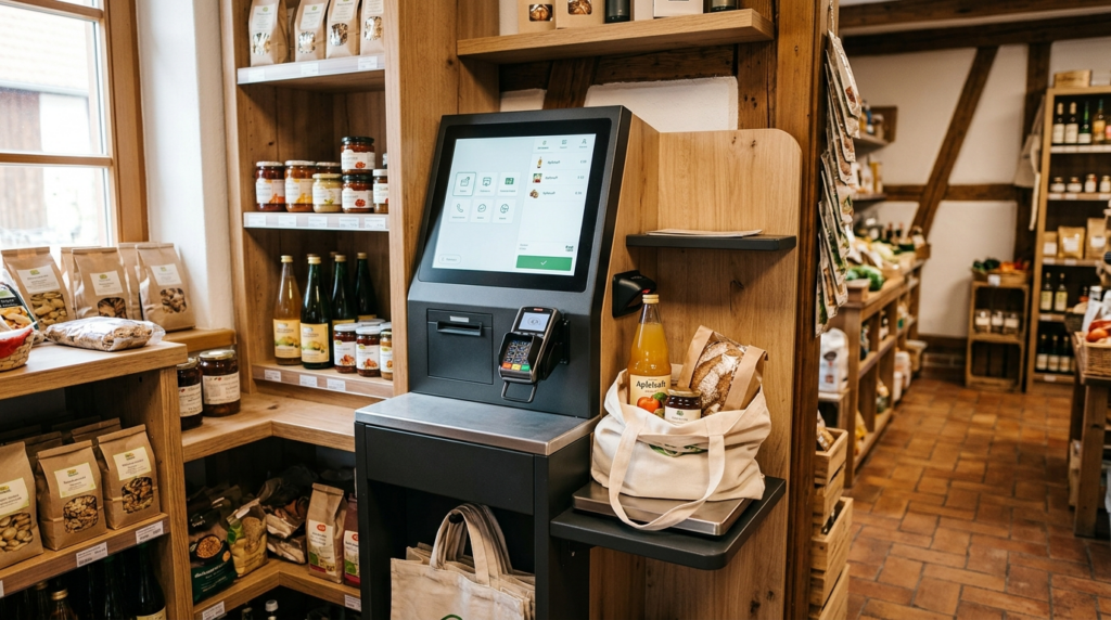 Modernes Self-Checkout-Terminal in einem rustikalen SB-Hofladen, der regionale Produkte verkauft.
