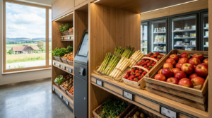 Moderner SB-Hofladen bietet frische regionale Produkte am praktischen Self-Checkout Terminal.