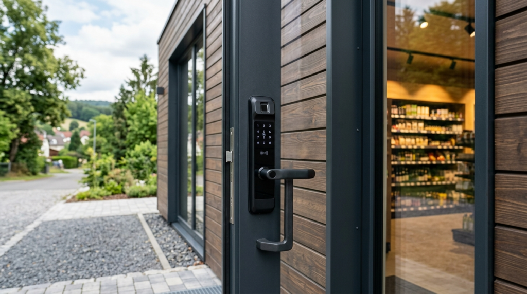 Moderner SB-Supermarkt mit Holzfassade und digitaler Zugangskontrolle für den 24/7 Smart Store.