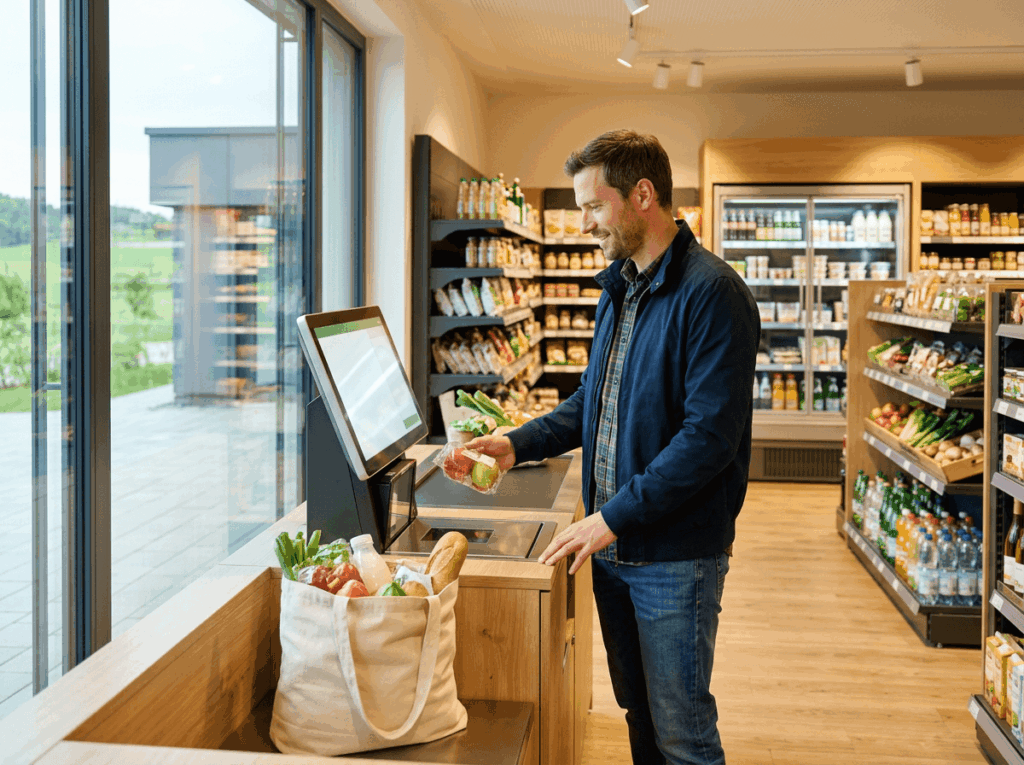 Mann nutzt eine Self-Checkout-Kasse in einem modernen SB-Dorfladen, ein innovativer Smart Store zur Nahversorgung. Mann nutzt eine Self-Checkout-Kasse in einem modernen SB-Dorfladen, ein innovativer Smart Store zur Nahversorgung.