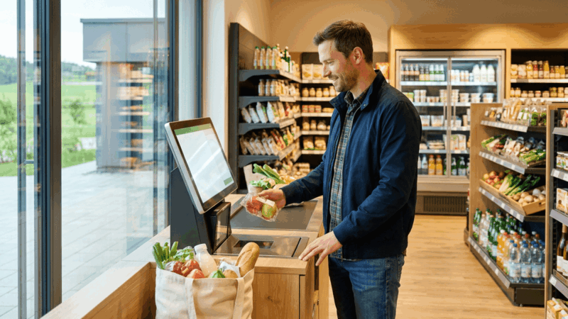 Smart Store 24/7: SB-Dorfladen mit Self-Checkout-Kasse Mann nutzt eine Self-Checkout-Kasse in einem modernen SB-Dorfladen, ein innovativer Smart Store zur Nahversorgung.