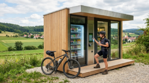 Radfahrerin am Smart Store Container: Ein 24/7 Selbstbedienungsladen für ideale Nahversorgung im ländlichen Raum.