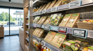 Smart Store mit Convenience-Sortiment und digitale Preisauszeichnung für frische Snacks an einer Tankstelle.