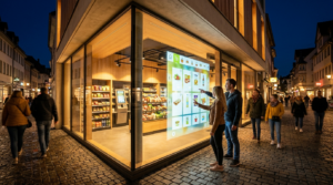 Kunden bedienen ein digitales Schaufenster vor einem Smart Store. Ein moderner automatisierter Supermarkt bei Nacht.