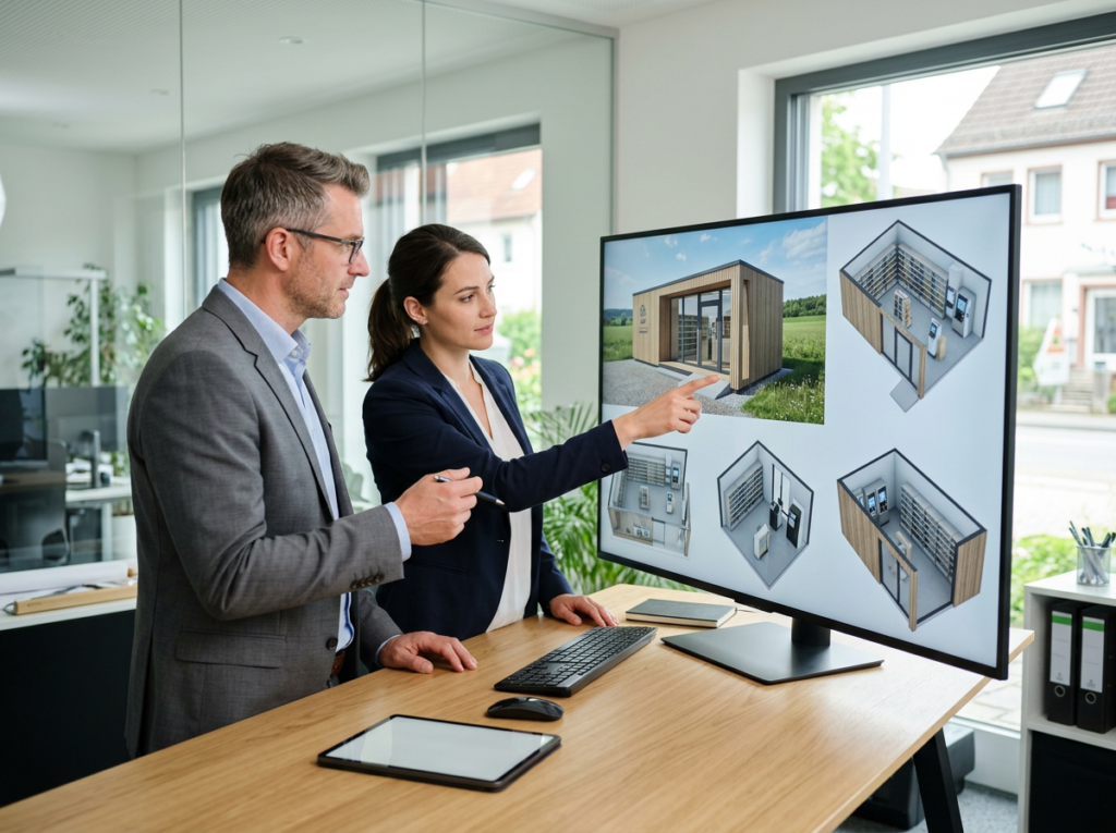 Experten der Projektberatung Einzelhandel besprechen Smart Store Planung und 24/7 Shop Design am großen Bildschirm.