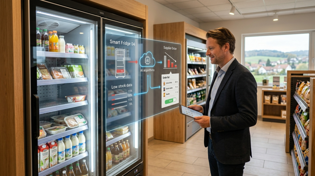 Mann bei Smart Store Planung nutzt KI im Einzelhandel für automatisiertes Bestandsmanagement am Kühlschrank.